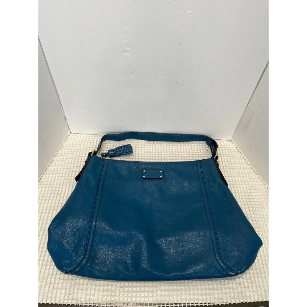 Kate Spade New York Hobo Shoulder Bag Teal Blue Pebbled Leather Tassel Large